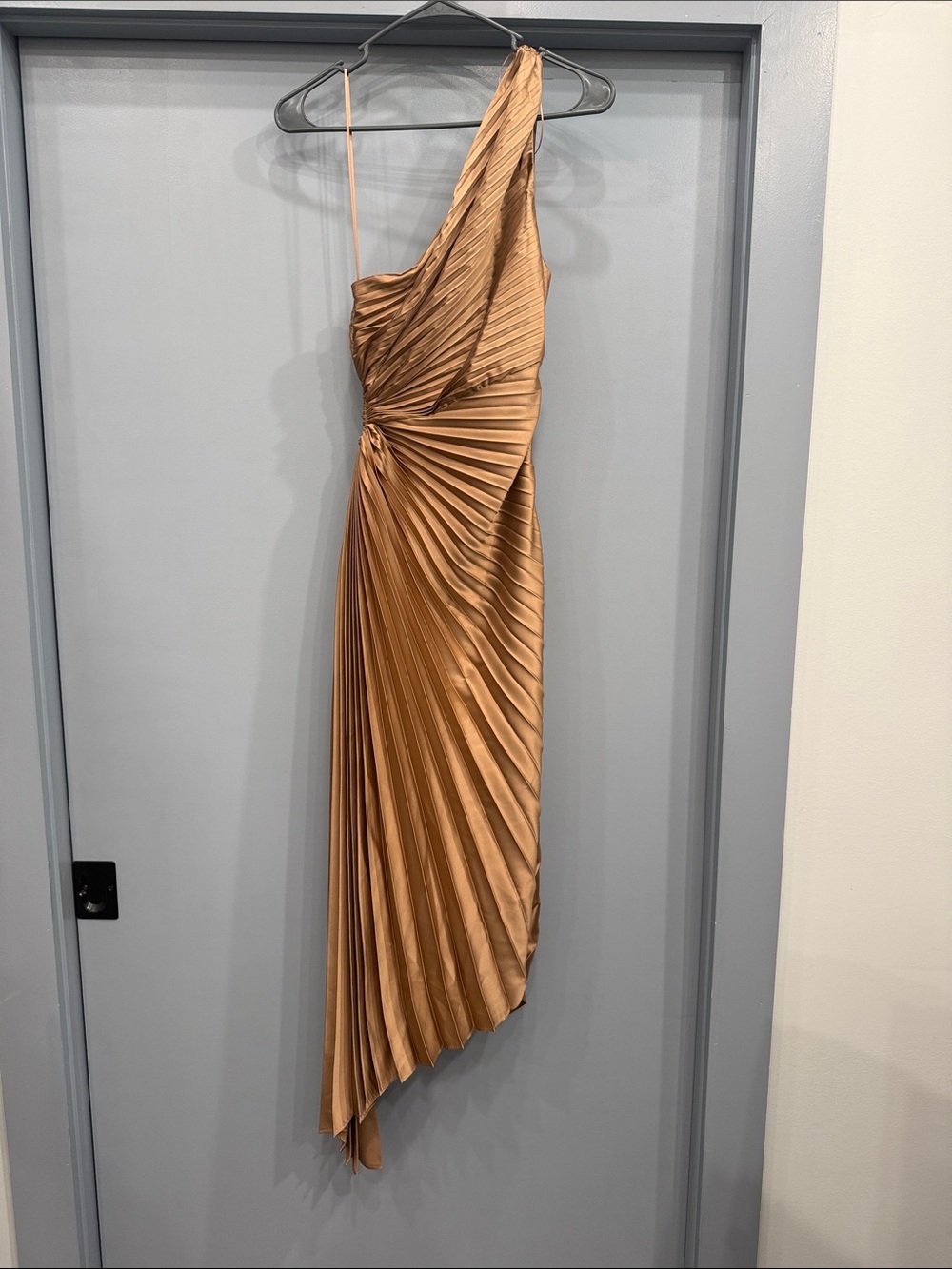 Vici Women's One-Shoulder Pleated Satin Dress in Tan